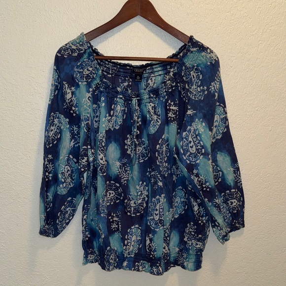 Chaps Navy and Teal Patterned Blouse - Picture 1 of 3